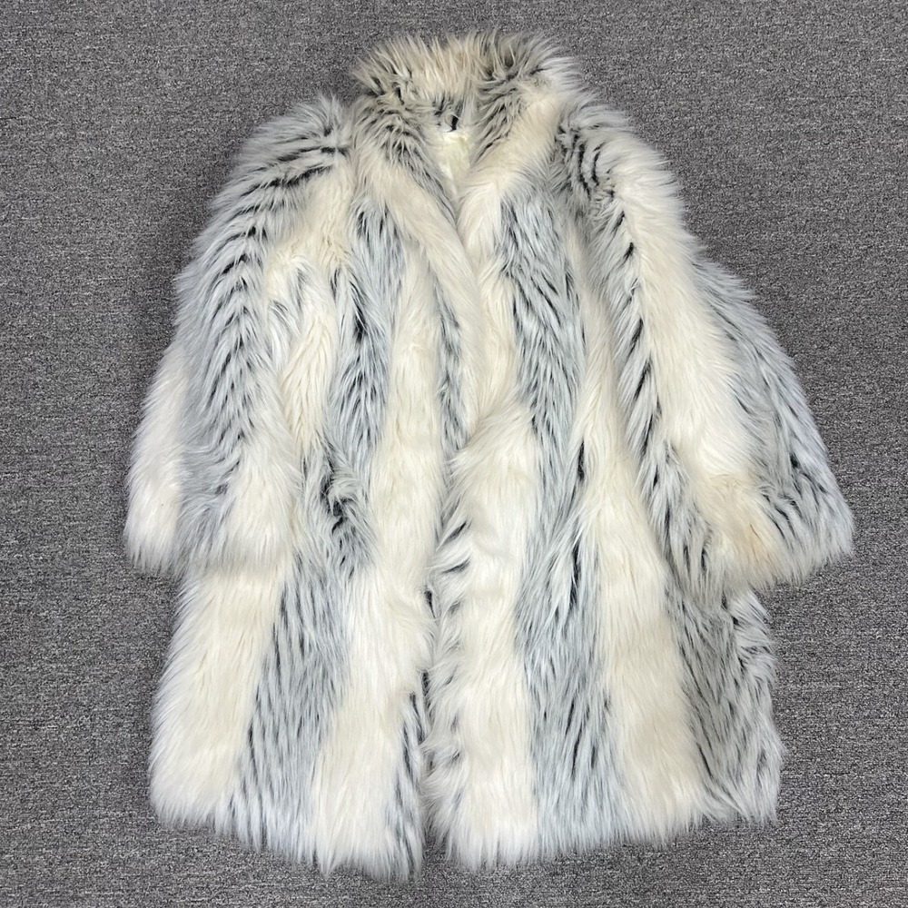 Mirage Outerwear Faux Fur Coat Womens OS Cream Grey Striped Shaggy Made in USA